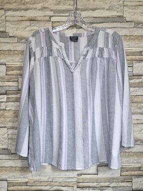 ​Splendid Striped V-Neck Blouse Women's XL Blue Purple Boho Linen Blend Coastal